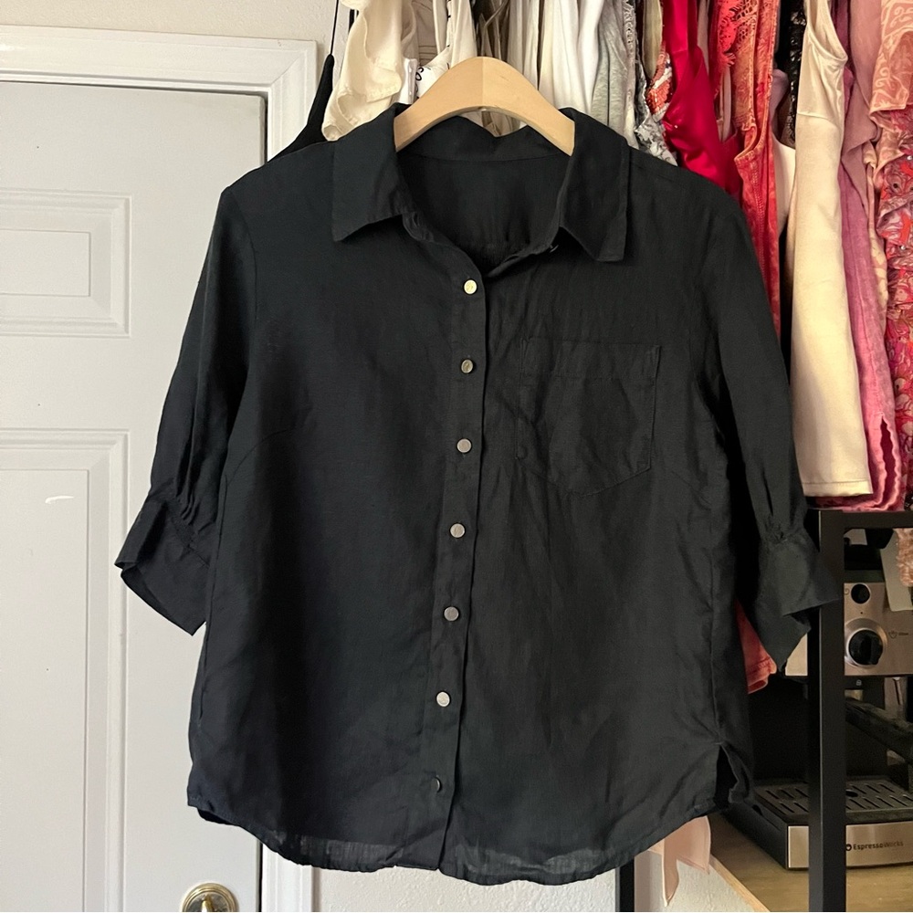 DANIEL HECHTER black linen puff short sleeve button up shirt blouse